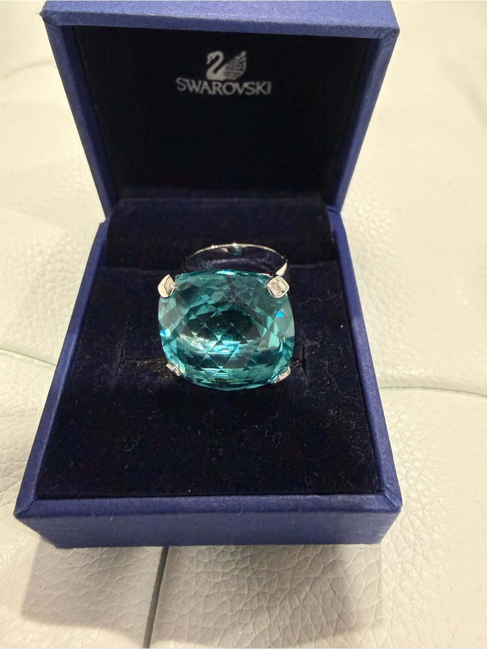 Swarovski Teal Cushion Crystal Ring in Silver Tone